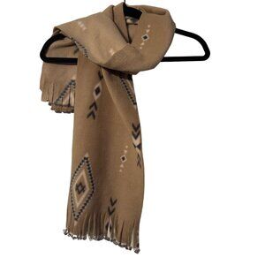 Vintage-Inspired Beige & Black Southwestern Patterned Fringe Scarf Unisex NWOT
